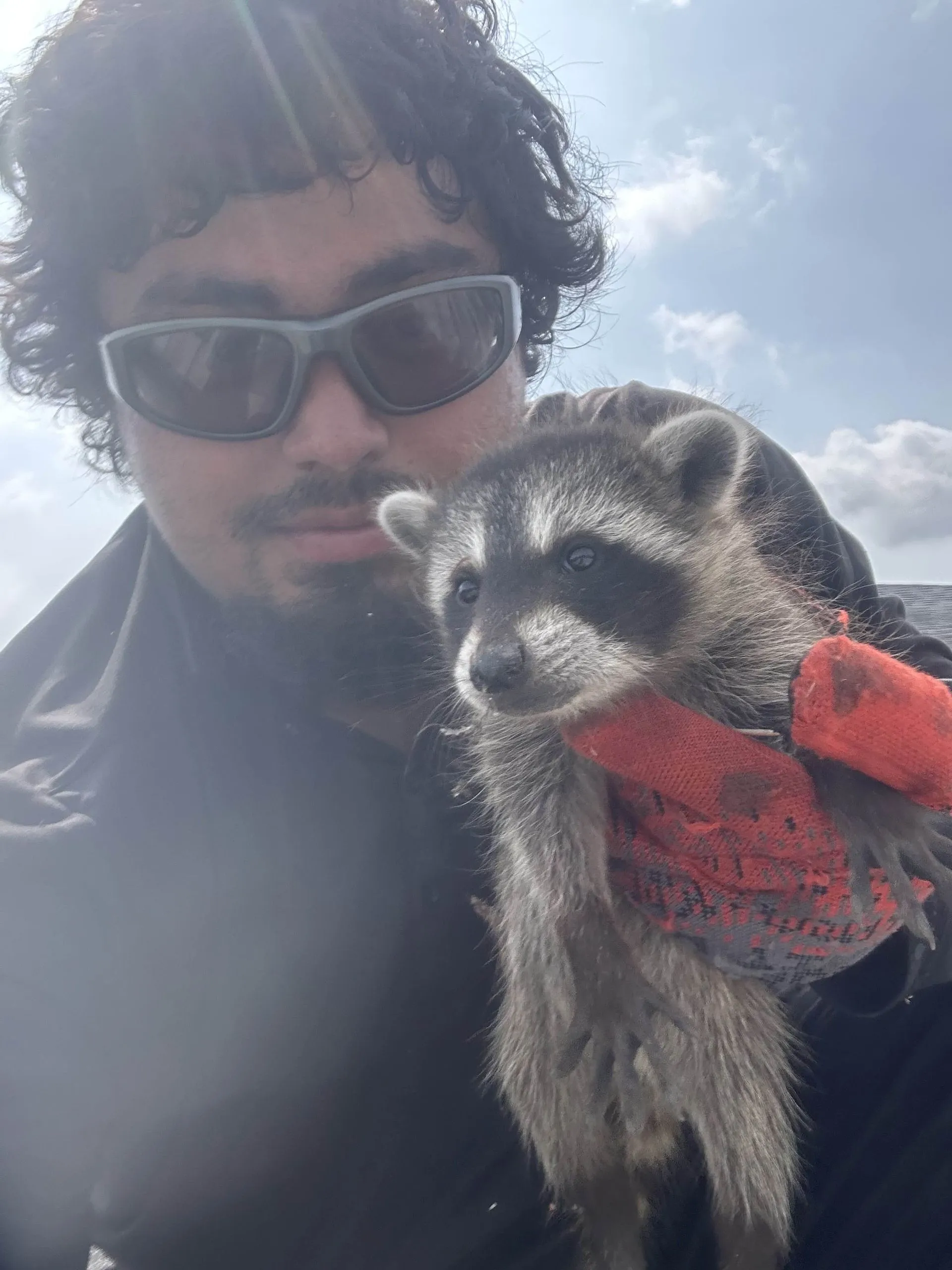 Owner of Zappers Pest Solutions holding a baby racoon during a pest control service